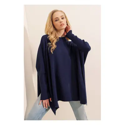 Bigdart Slit Poncho Sweater - Navy Blue