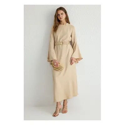 Trendyol Beige Gold Elastic Belted Glittery Woven Dress