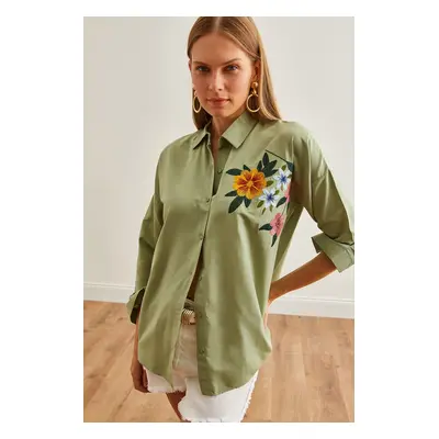 Olalook Women's Floral Mold Green Embroidery Detailed Oversize Woven Shirt