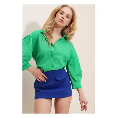 Trend Alaçatı Stili Women's Green Balloon Sleeve Basic Poplin Shirt