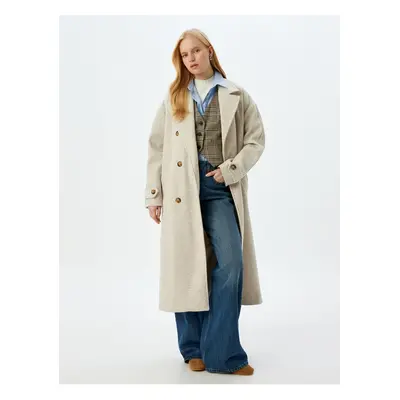 Koton Pocket Belted Double Breasted Extra Long Cashmere Coat