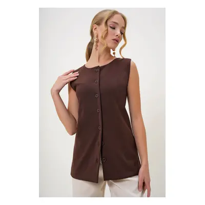 Trend Alaçatı Stili Women's Brown Crew Neck Knitted Crepe Long Vest