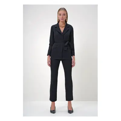 Trend Alaçatı Stili Women's Black Lined Blazer Jacket and Trousers Top and Bottom Set