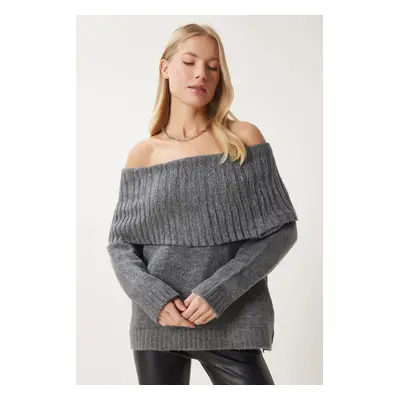 Happiness İstanbul Women's Gray Madonna Collar Knitwear Sweater