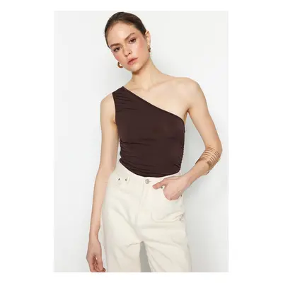 Trendyol Brown Gather Detailed Fitted One Shoulder Stretchy Knitted Blouse