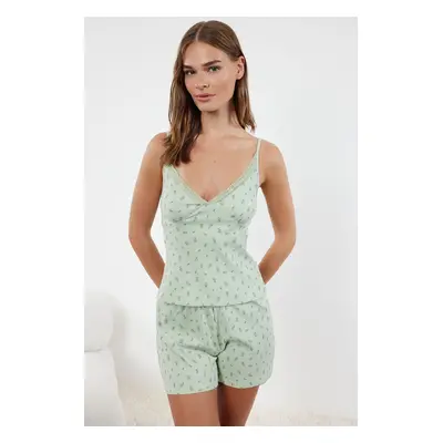 Trendyol Premium Mint Cotton Floral Lace Rope Strap Ribbed Knitted Pajama Set