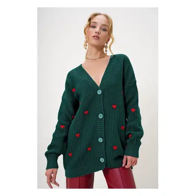 Trend Alaçatı Stili Women's Dark Green V Neck Heart Embroidered Midi Length Knitwear Cardigan