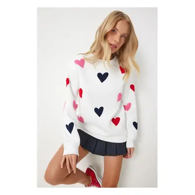 Happiness İstanbul Women's Ecru Heart Textured Raised Knit Sweatshirt