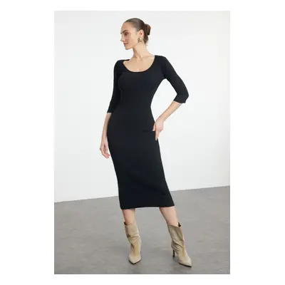 Trendyol Black Fitted Long Sleeve Crew Neck Maxi Stretchy Knitted Dress