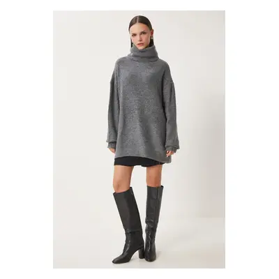 Happiness İstanbul Women's Anthracite Turtleneck Long Knit Sweater