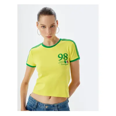 Koton Crop T-Shirt Crew Neck Slogan Printed Piping Short Sleeve