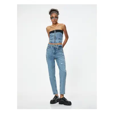 Koton Ripped Denim Trousers Standard Waist Chain Detailed Pocket Cotton - Mom Jean