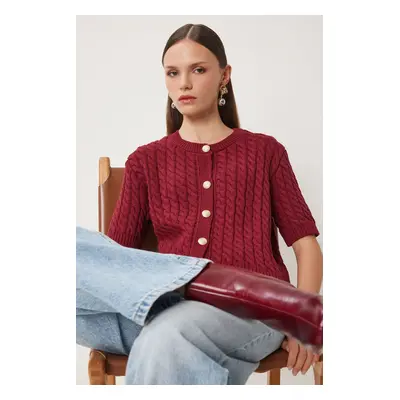 Happiness İstanbul Women's Burgundy Crew Neck Hair Knitted Sweater Cardigan