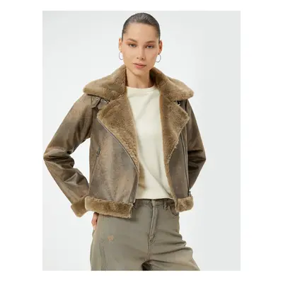 Koton Fur Collar Zippered Pocket Biker Jacket