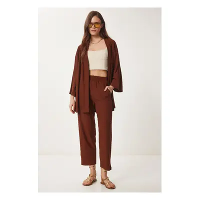 Happiness İstanbul Women's Brown Kimono Pants Knit Set