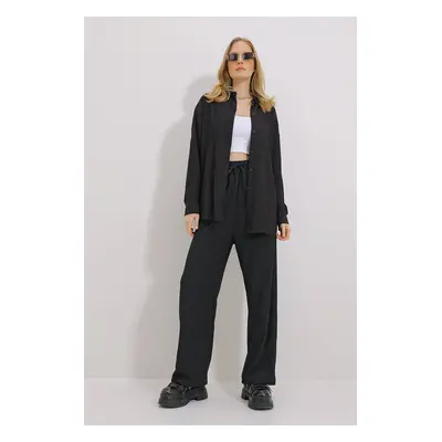 Trend Alaçatı Stili Women's Black Oversize Shirt And Relaxed Cut Crinkle Trousers Suit