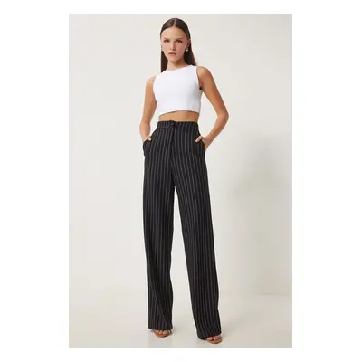 Happiness İstanbul Women's Black Striped Casual Woven Trousers