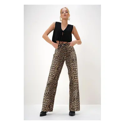 Trend Alaçatı Stili Women's Brown High Waist Leopard Print Denim Pants