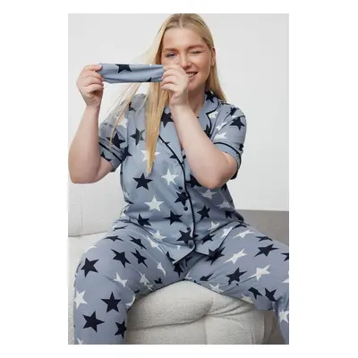 Trendyol Curve Blue Star Patterned Shirt Collar Knitted Pajama Set