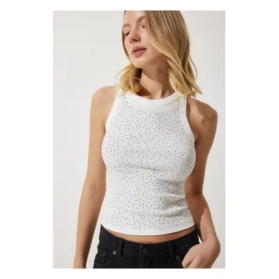 Happiness İstanbul Women's White Stone Embroidered Crop Knitwear Blouse