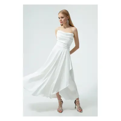 Lafaba Women's White Satin Midi Length Evening Dress & Prom Dress with Ruffles and a Slit.