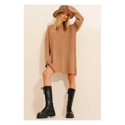 Trend Alaçatı Stili Women Camel Crew Neck Thessaloniki Knit Knitwear Dress