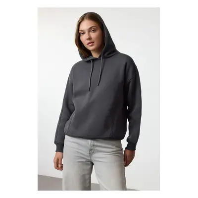 Trendyol Anthracite Oversize Thick Fleece Lined Hooded Knitted Sweatshirt