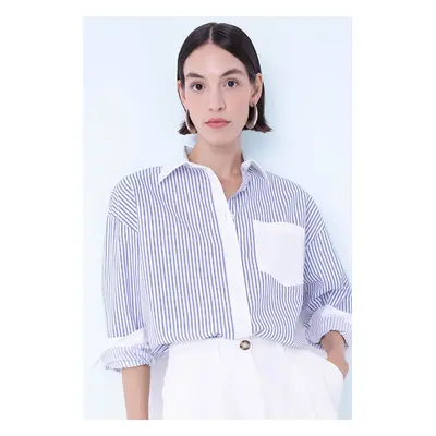 DEFACTO Oversize Wide Pattern Striped Pocket Buttoned Poplin Long Sleeve Shirt