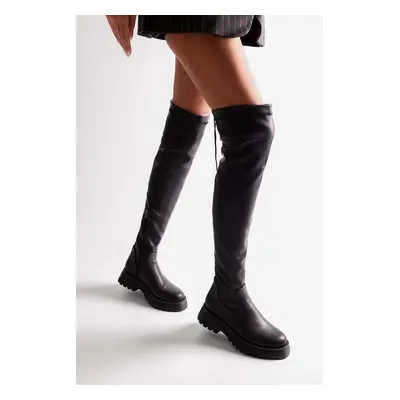 Shoeberry Women's Margot Black Thick Sole Long Stretch Elastic Boots Black Skin.