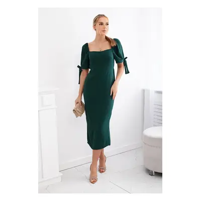 Women's dress gathered at the back with tied sleeves - dark green