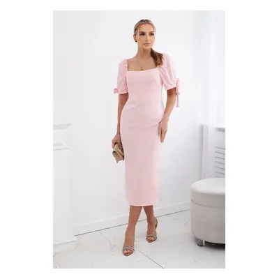 Women's dress gathered at the back with tie-up sleeves - light pink