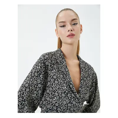 Koton Floral Double Breasted Crop Blouse Oversize Long Bell Sleeve Viscose Fabric