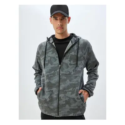 Koton Sports Sweatshirt Hooded Zippered Scuba Fabric Camouflage Patterned Pocket Detailed Viscos