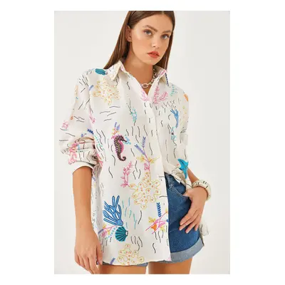 Bianco Lucci Women's Multi Patterned Linen Casual Shirt