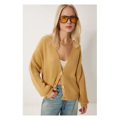 Happiness İstanbul Women's Mustard V-Neck Buttoned Knitwear Cardigan