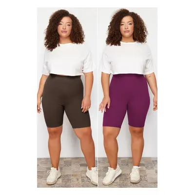 Trendyol Curve Brown-Burgundy High Waist Pack Biker Short Length Ribbed Knit Plus Size Leggings