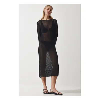 Happiness İstanbul Women's Black Openwork Transparent Long Knitwear Dress