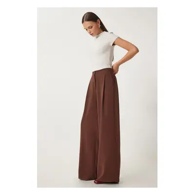 Happiness İstanbul Women's Brown Pocketed Woven Palazzo Pants