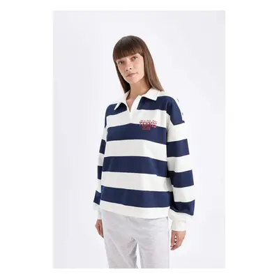 DEFACTO Relax Fit Polo Collar Printed Striped Thick Fabric Sweatshirt