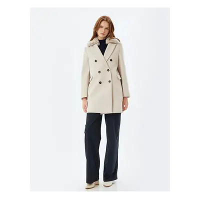 Koton Long Stamp Coat with Removable Faux Für Collar and Pockets