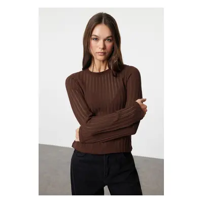 Trendyol Dark Brown Transparent Knitwear Look Fabric Regular Size Crew Neck Knitted Blouse