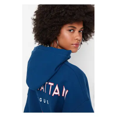 Trendyol Indigo Back Print Detailed Hooded Thick Fleece Knitted Sweatshirt