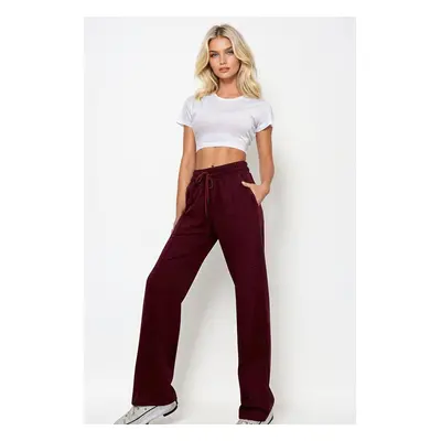 Trend Alaçatı Stili Women's Burgundy High Waist Front Turned Wide Leg Double Pocket Sweatpants