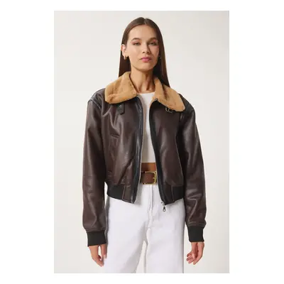 Happiness İstanbul Women's Brown Faux Leather Bomber Jacket