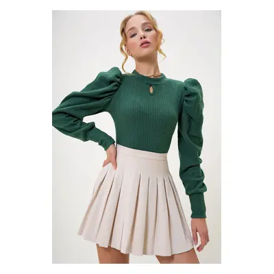 Trend Alaçatı Stili Women's Green Crew Neck Drop Neck Princess Sleeve Knitwear Blouse