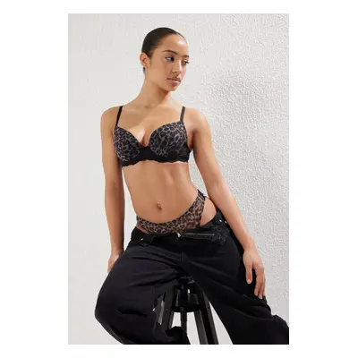 Trendyol Black-Multicolored Tulle Lace Leopard Patterned Covered Knitted Underwear Set