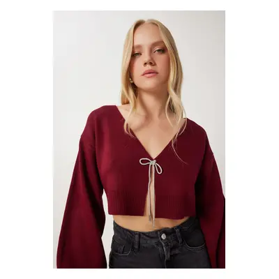 Happiness İstanbul Women's Burgundy Stoned Bow Tie Crop Knitwear Cardigan