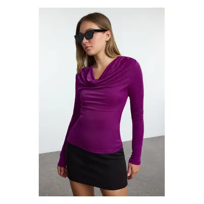 Trendyol Purple Cowl Neck Body-Smoothing Flexible Long Sleeve Buzzy Knitted Blouse