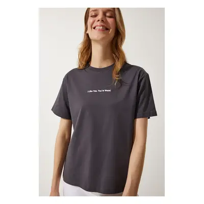 Happiness İstanbul Women's Anthracite Printed Basic Knitted T-Shirt