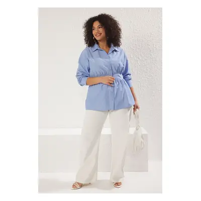 Trendyol Curve Blue Striped Waist Detail Weaving Plus Size Shirt